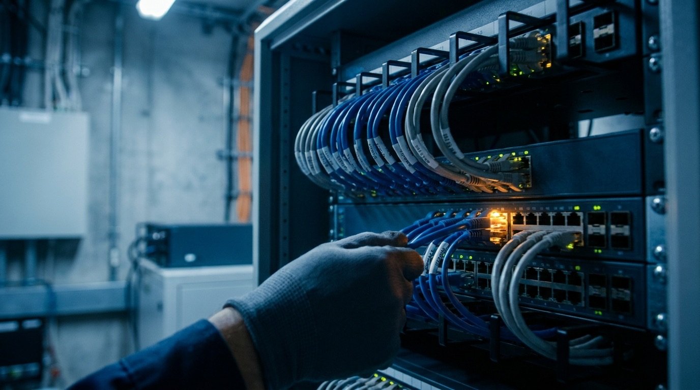 Ingeniero conectando sistemas de planta: servidores, red industrial y pantallas con datos de producción